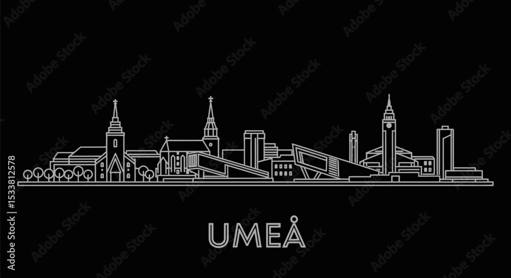 Obraz premium Ume with Sweden Skyline Line Art Vector.