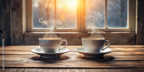 Two steaming mugs of hot beverage on rustic wooden surface near window with sunlit view