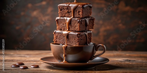 Delicious chocolate brownies stacked high in a brown cup, drizzled with rich chocolate sauce on a rustic wooden table
