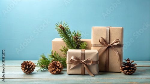 Rustic Holiday Presents with Pine Branches and Cones on a Weathered Wooden Surface