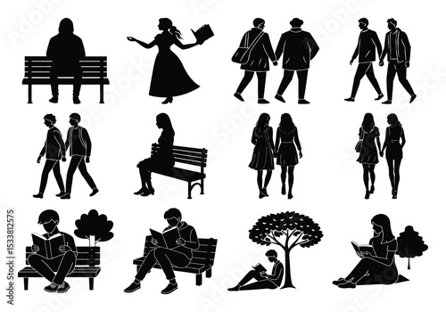 Silhouette of people Collection set – Reading, Walking, sitting and Relaxing, Minimal Black Silhouettes – People with Books, Benches & Nature.