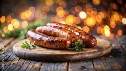 Delicious grilled sausages on a rustic wooden board, perfect for a festive meal