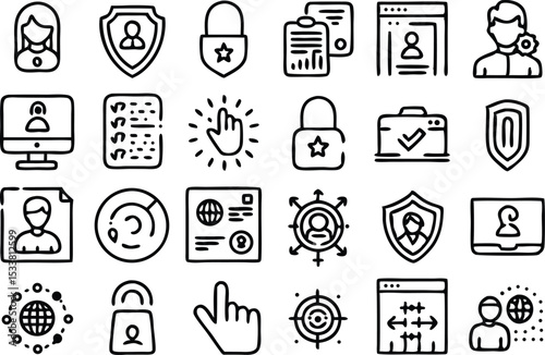 Collection of hand drawn outline style icons depicting data protection and security concepts