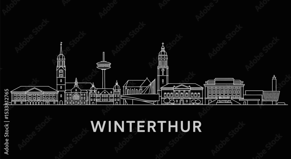 Fototapeta premium Winterthur Skyline with Switzerland, and White Outline.