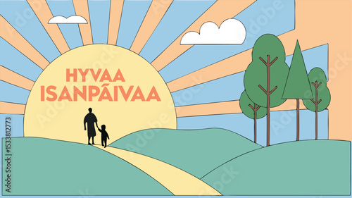 Colorful illustration wishing finnish father's day with silhouettes of father and child walking on a path with decorative trees and landscape design