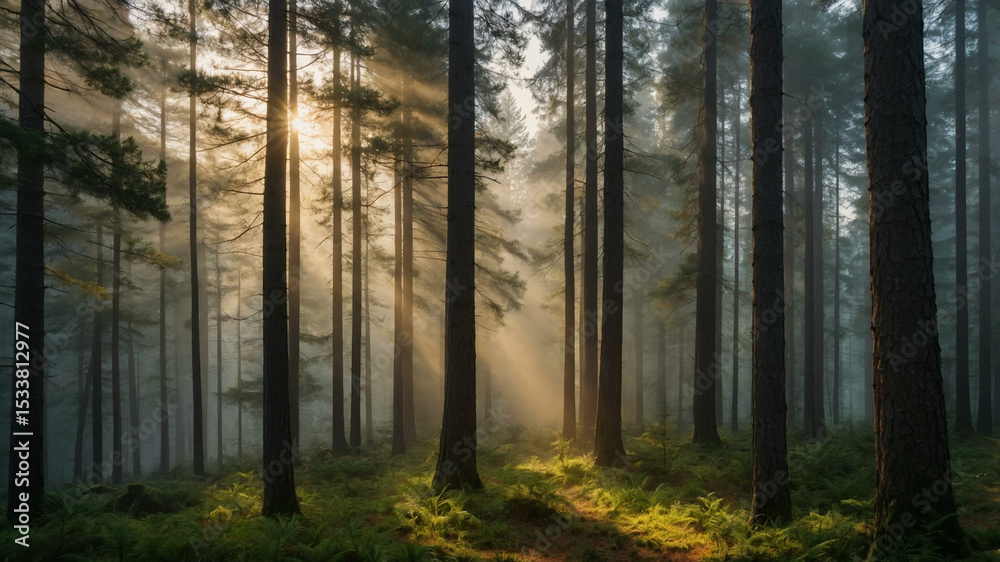 Obraz premium Golden Dawn in a Serene Pine Forest with Morning Mist