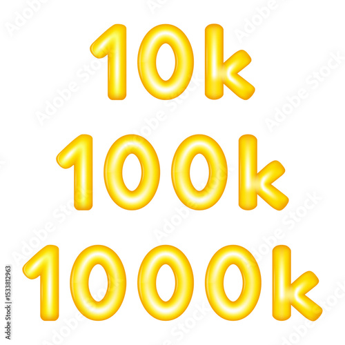 Glossy 3D rendered golden balloon style numerals 10k 100k and 1000k in a shiny playful icons vectors set.
