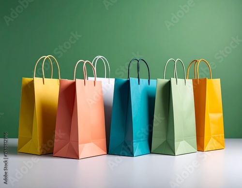 colorful shopping bags on wooden background