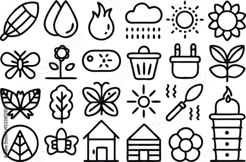 Hand drawn collection of nature elements and eco friendly icons in simple line art style