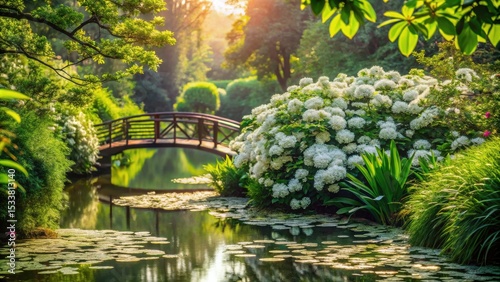 Serene garden landscape featuring a wooden footbridge spanning a tranquil pond, surrounded by lush greenery and vibrant white hydrangea blossoms bathed in the golden light of sunrise