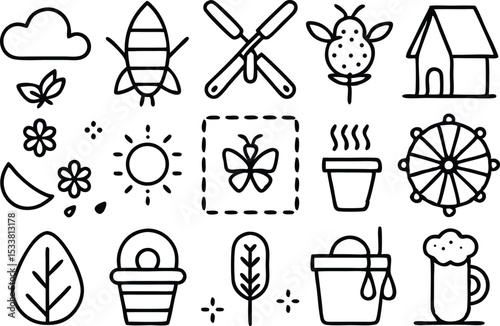 Hand-drawn illustration collection featuring various nature garden and summer related icons in black lines