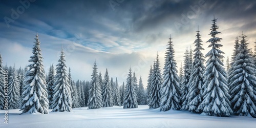 Serene Winter Wonderland Snow-Covered Evergreens Under a Dramatic Sky