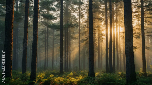 Golden Dawn in a Serene Pine Forest with Morning Mist