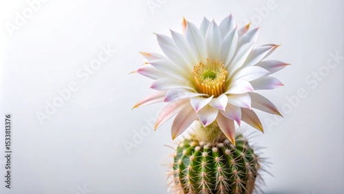A delicate white cactus blossom with pale pink accents blooms atop a spiky green succulent, a captivating study in contrasting textures and colors.