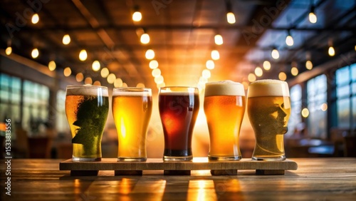 Assortment of beer types in glasses on a wooden tray in a dimly lit pub setting