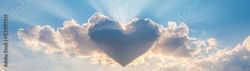 A heart-shaped cloud in the sky, radiating love and warmth. The soft, fluffy clouds are illuminated by the sun's rays, creating a dreamy and romantic atmosphere.
