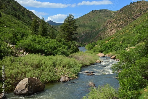 south  platte river rapids, boulders, and  scenic foothills on a sunny summer  day in waterton canyon, littleton, colorado   