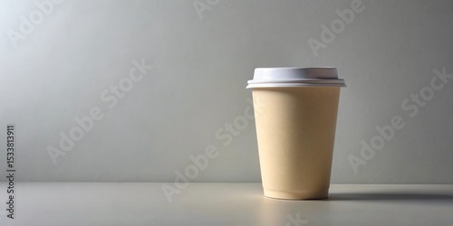 A single, light beige disposable paper cup with a white lid sits on a minimalist surface against a muted gray background.