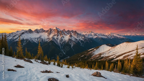 Panoramic Mountain Range at Sunset with Snow-Capped Peaks and Vibrant Sky