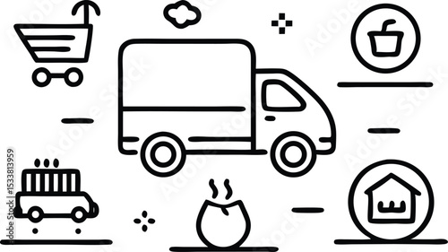 Vector illustration of a delivery truck and related icons in simple outline style