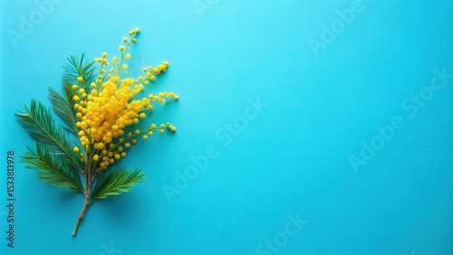 A vibrant spring bouquet of yellow mimosa flowers and green leaves on a bright blue background