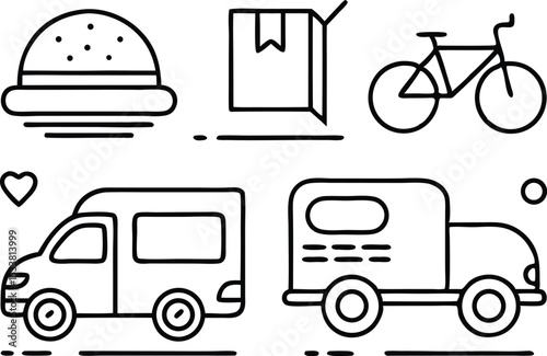 Vector illustration of various food delivery and transportation icons in monochrome style