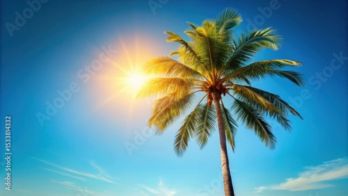 Tropical Palm Tree Silhouetted Against a Vivid Blue Sky and Bright Sun