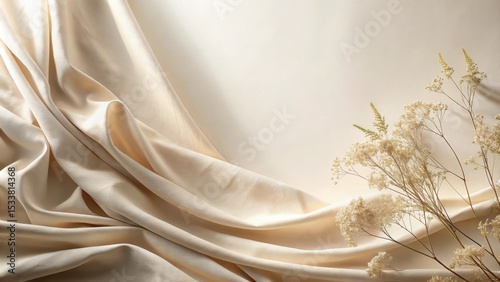 Elegant Draped Fabric with Delicate Dried Flowers on Neutral Background