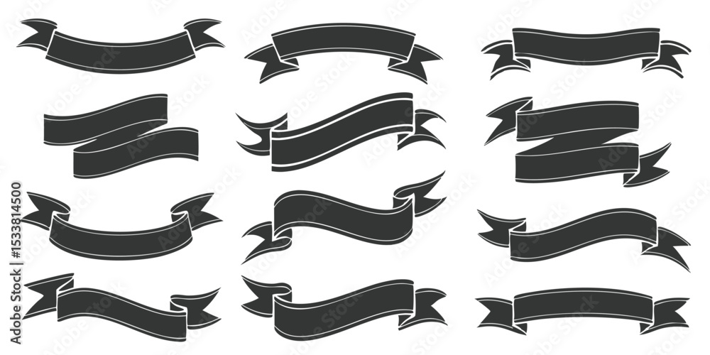 Collection of twelve dark gray banner designs with varying shapes and ribbon like edges on white background