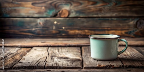Rustic Still Life A Light Green Enamel Mug on Weathered Wooden Boards