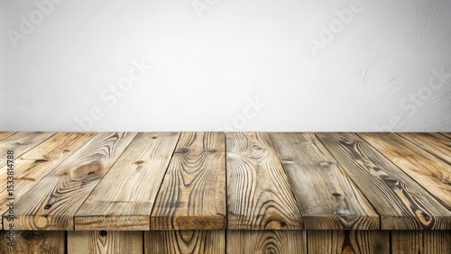 Rustic Wooden Tabletop Against a Simple White Wall Background, Perfect for Product Displays or Mockups