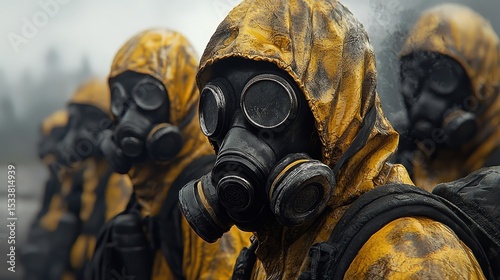 Soldiers training in chemical warfare exercises wearing protective suits and gas masks
