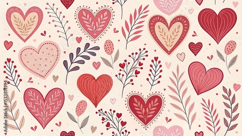 Hand drawn heart shape holiday background with abstract hearts. Seamless light pattern