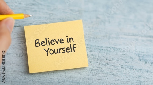 Believe in Yourself sticky note reminder.  A yellow sticky note with the inspirational message 