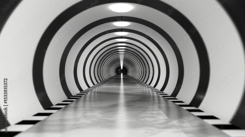 Fototapeta premium Digital tunnel effect featuring symmetrical lines and sleek, modern design creates captivating visual experience. monochromatic color scheme enhances depth and perspective of tunnel