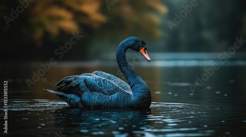 Fototapeta Naklejka Na Ścianę i Meble -  Striking black swan on dark water