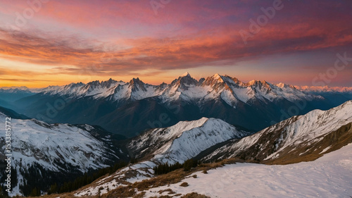 Panoramic Mountain Range at Sunset with Snow-Capped Peaks and Vibrant Sky