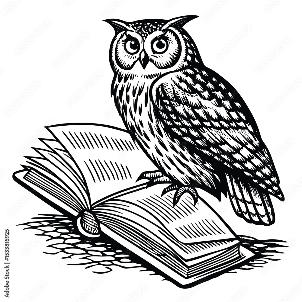 Obraz premium “Nocturnal Knowledge” – Engraved Owl with Open Book