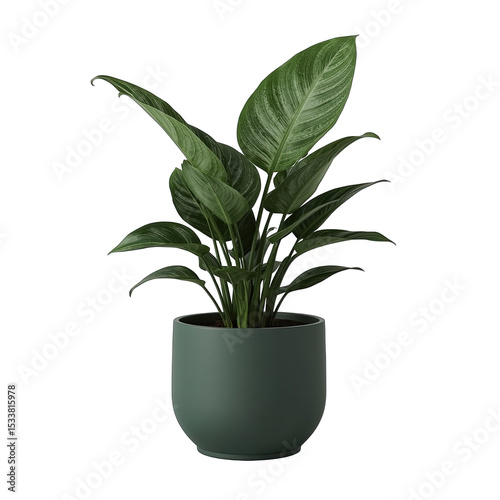 A vibrant green potted plant with large leaves in a modern matte planter, adding a touch of nature to any indoor space.
