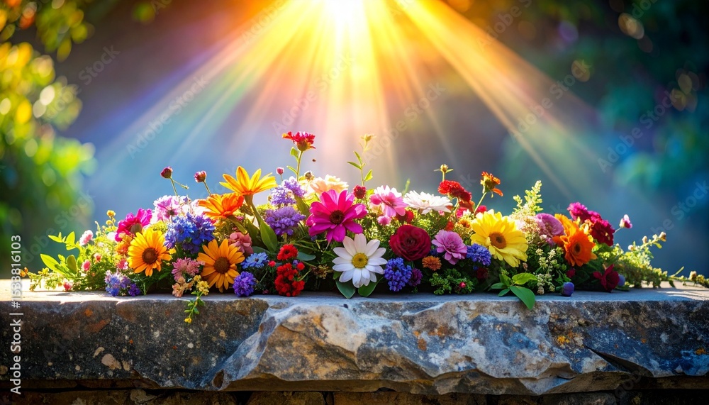 Obraz premium Vibrant gradient-toned floral arrangement cascading over matte stone ledge, illuminated by angled prism rays