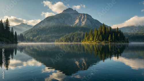 Crystal Clear Alpine Lake with Mountain Reflections and Evergreen Forest in Morning Light