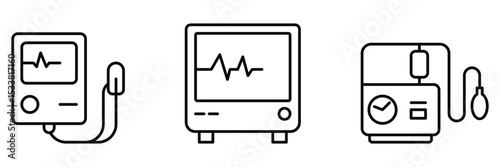 Medical monitor equipment blood pressure cardiology device diagnostic tool line icon collection vector illustration for healthcare and hospital interface.