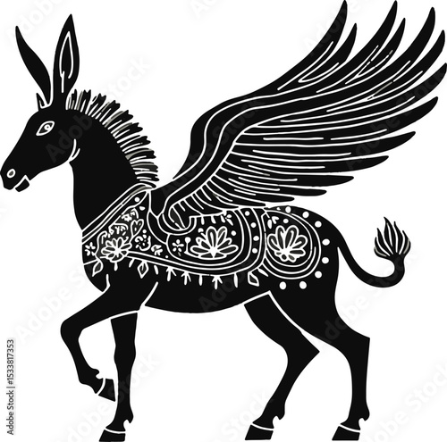 Ornate black winged donkey silhouette illustration