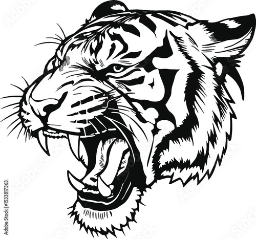 Aggressive roaring tiger head black and white illustration