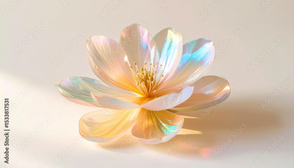 Obraz premium Single bloom with layered semi-transparent petals shimmering in chromatic refractions across a matte ivory base.