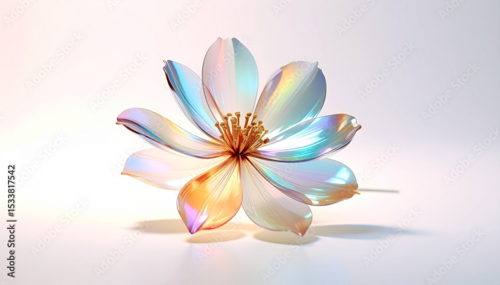 Fototapeta premium Single bloom with layered semi-transparent petals shimmering in chromatic refractions across a matte ivory base.