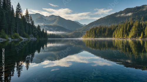 Crystal Clear Alpine Lake with Mountain Reflections and Evergreen Forest in Morning Light