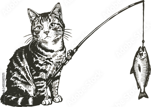 Tabby cat with fishing rod and caught fish