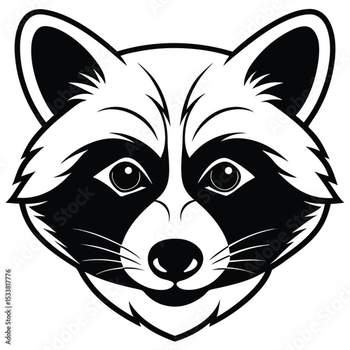 Raccoon face displays a stark black and white design effectively embodying wildlife