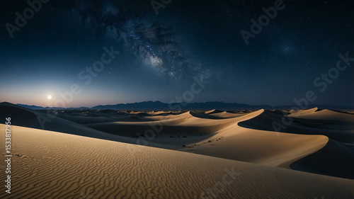 Surreal Night Desert Landscape with Sand Dunes, Starry Sky, and Full Moon
